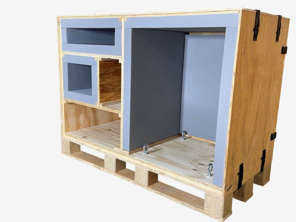 Custom-built Clip-Lok plywood transit crate for high-value equipment