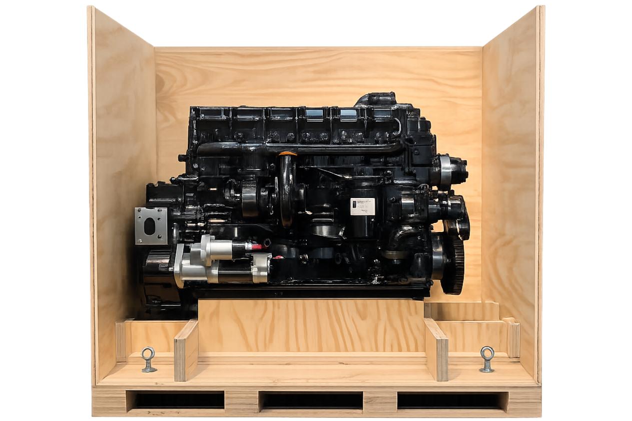 Diesel engine secured in a custom-built Clip-Lok reusable plywood crate for automotive transit